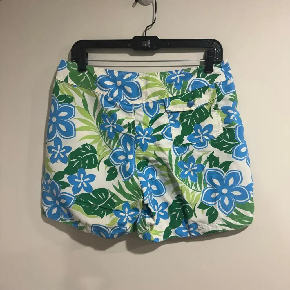 LL Bean Womens Green White Blue Hibiscus Floral Board Swim Shorts Size 8